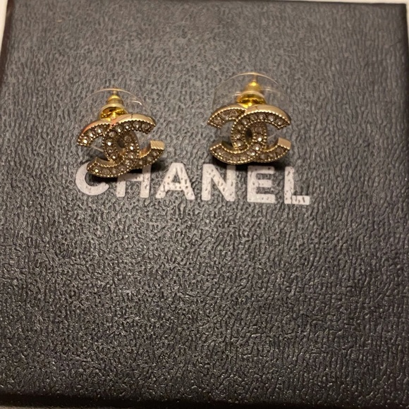 Chanel Gold Metal and Silver Crystal Mini Tiny Classic Stud Earrings - Picture 7 of 10